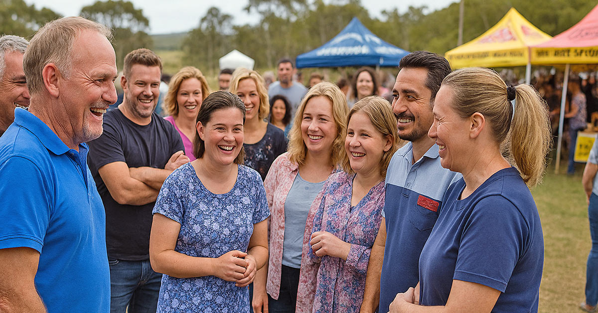 A group of smiling adults gathered at an outdoor community event in South Burnett, with vendor tents and trees in the background.