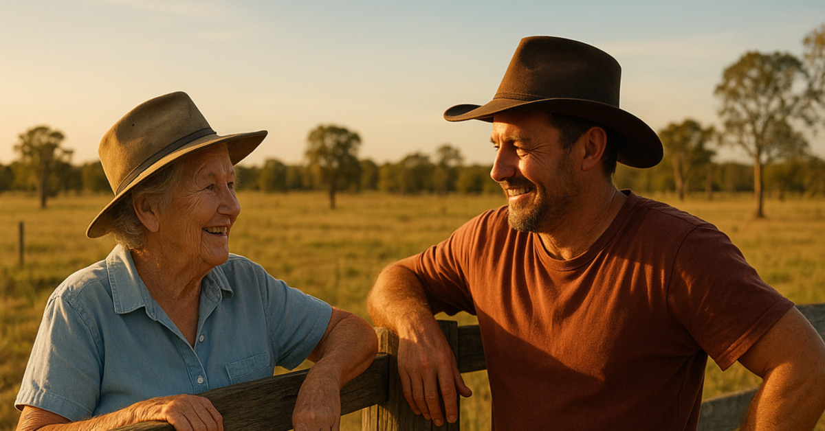 Senior South Burnett resident having friendly conversation with neighbor over fence, showing community connection
