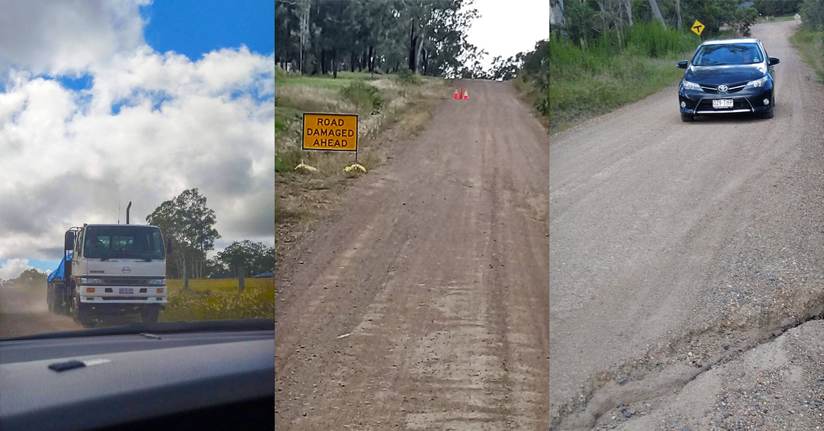 Speeding truck on Whitaker Road creating massive dust cloud while car swerves to avoid collision near large road washout, demonstrating dangerous visibility and road condition hazards in South Nanango
