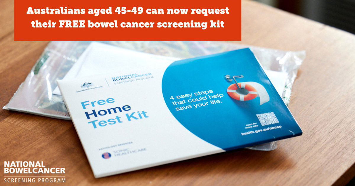 Illustration showing at-home bowel screening kit and calendar with age 45–74 highlighted