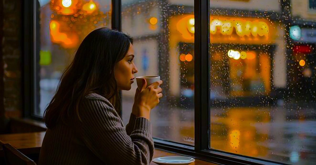A woman in a cozy sweater looks out a rain-streaked window from inside a cafe, holding a cup of coffee, with blurred city lights in the background.