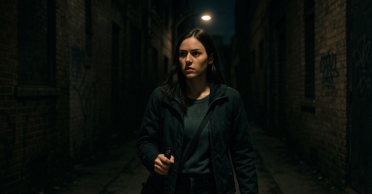 Woman walking alone at night in a Queensland alley holding pepper spray for protection