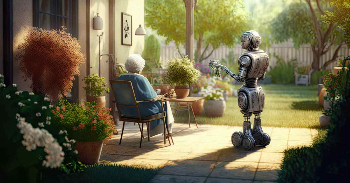 Elderly woman sitting in a garden with a humanoid robot companion offering flowers