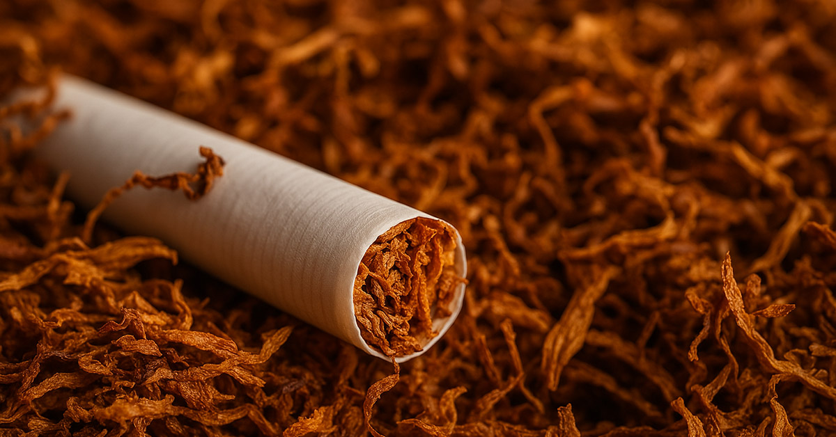 Close-up photo of tobacco cigarettes on dried tobacco leaves background representing Australia's tobacco tax policy