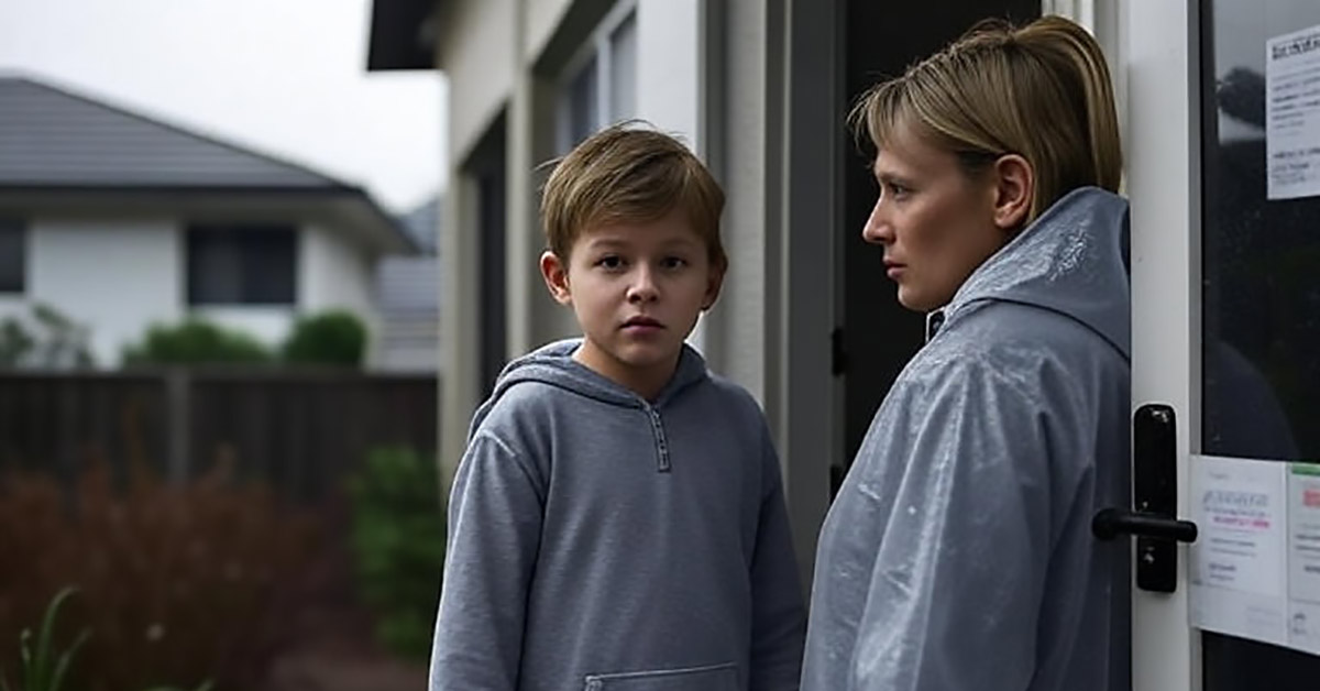 A mother and young son stand outside their home on a rainy day after eviction, the boy looking sadly at his mum.