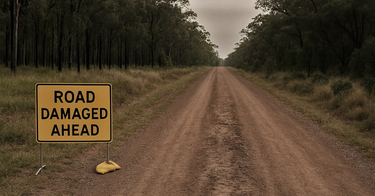 Warning sign reading 'Road Damage Ahead' on a gravel road in South Burnett region, illustrating ongoing infrastructure challenges