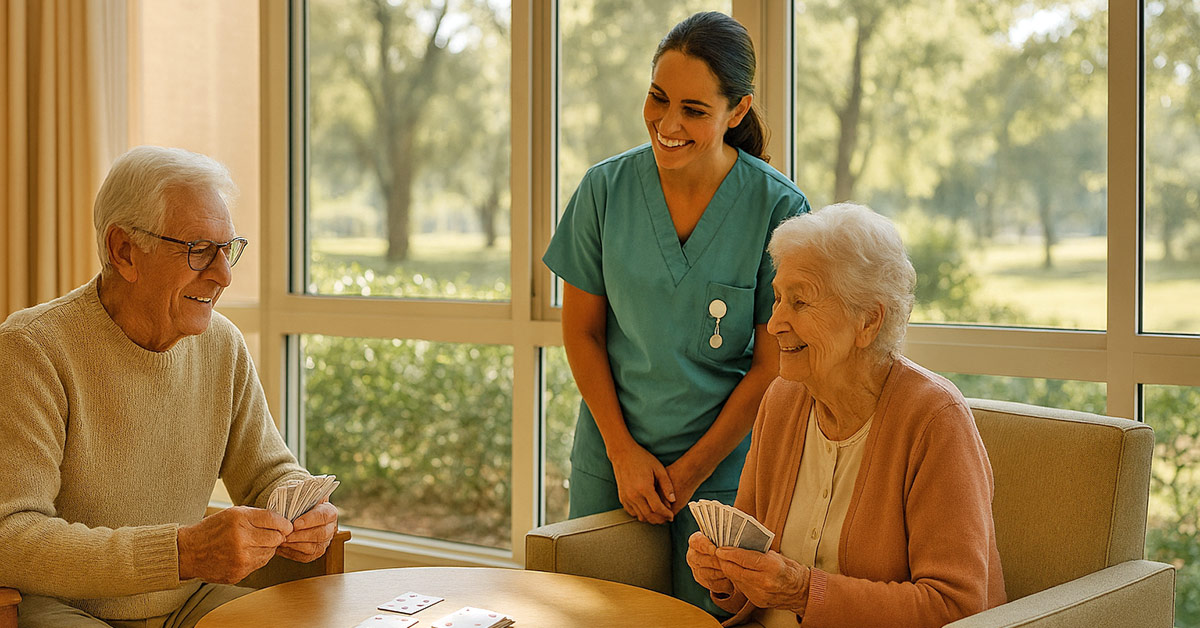 Elderly residents in a South Burnett aged care facility playing cards with a nurse nearby, highlighting community care and staff support.