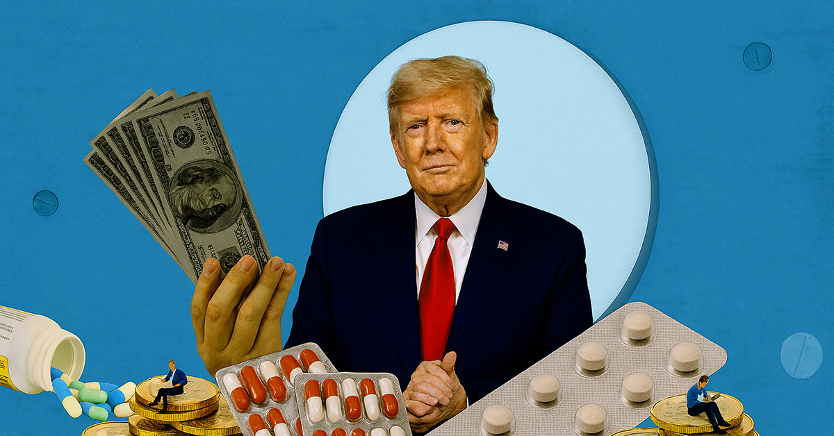 Donald Trump framed centrally with US currency, pills, and gold coins, symbolising the financial and pharmaceutical impact of US trade policy on Australian medicine access.