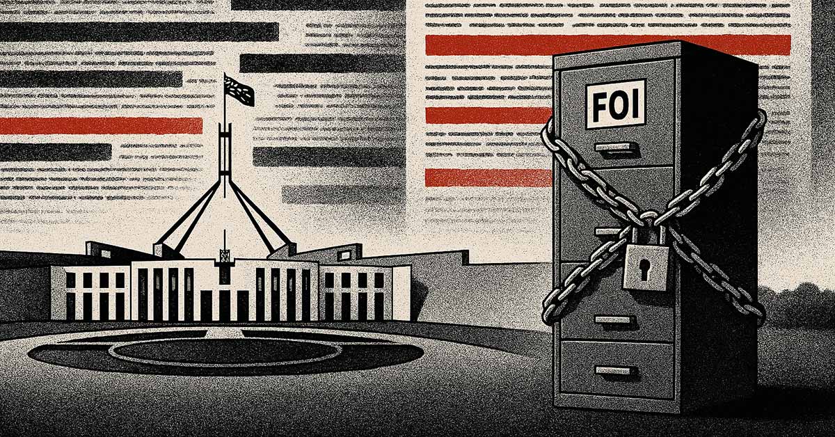 Australian Parliament House with redacted FOI documents and locked cabinet, symbolising Labor's proposed transparency restrictions